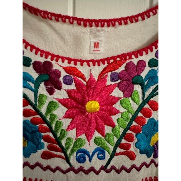 Vintage Mexican Floral Embroidered Flax Muslin Hemp Huipil Dress M - Picture 6 of 7
